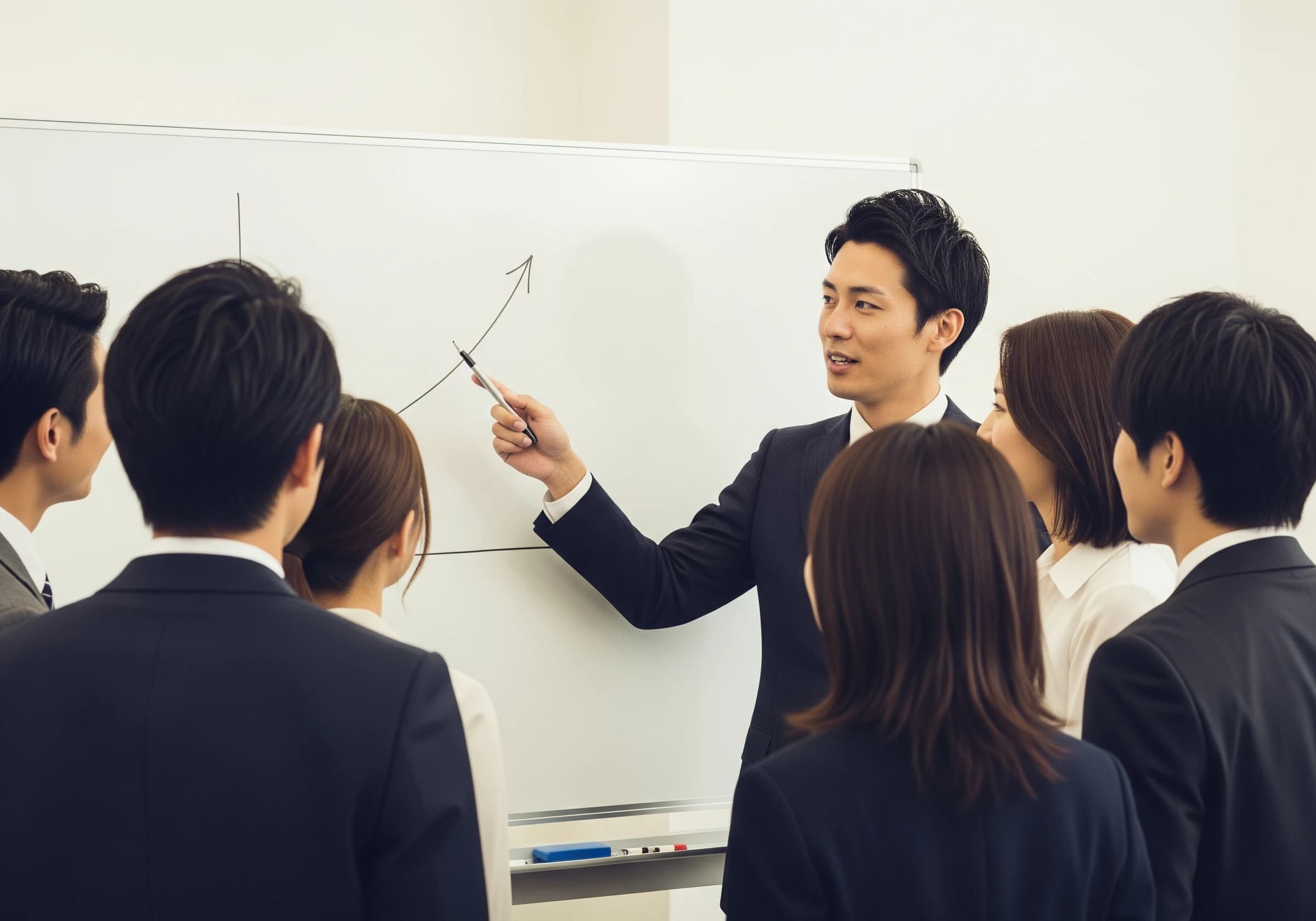 ホワイトボードで指導する男性