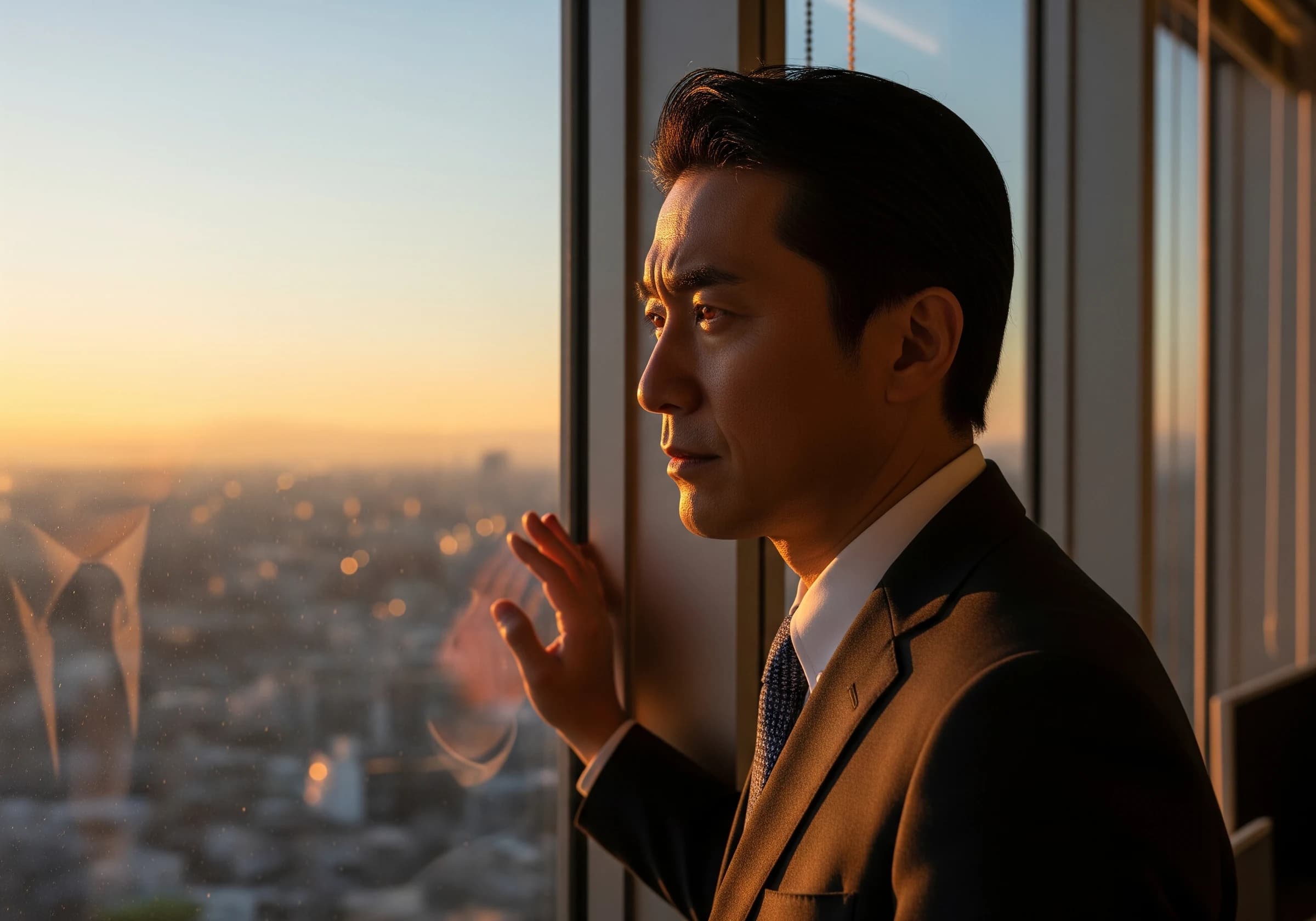 夕景を見つめる思案顔の男性