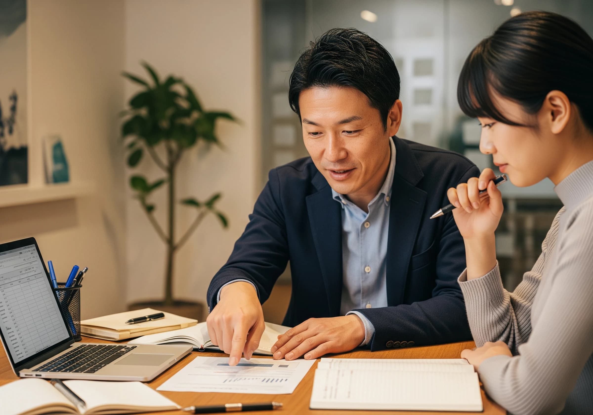 資料を見ながら助言する男性